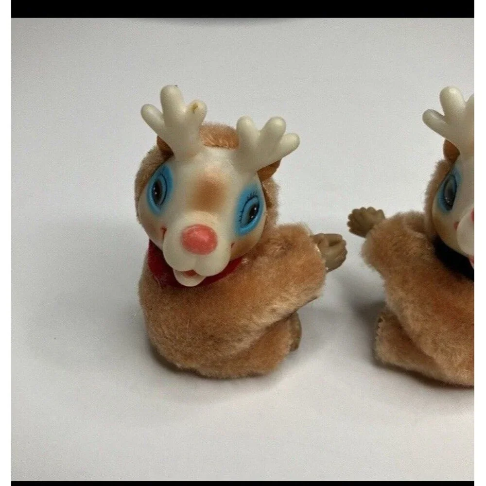 Lot 3 Rudolph Reindeer Clip On Pencil Hugger Flocked Ornament Plush Vintage